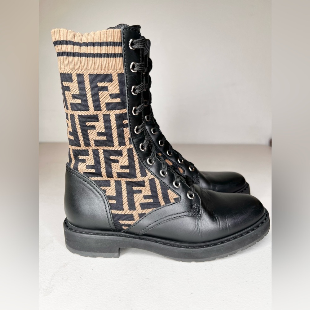Authentic Fendi Rockoko Knit Leather Combat Boots Lace Up Size 7 - Picture 4 of 8